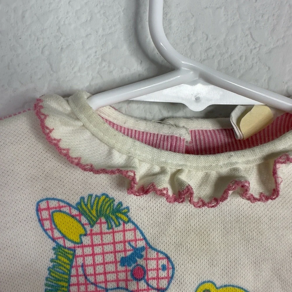 Carters Sweater Girls 18M Pink White VTG 80s Long Sleeve Ruffle Collar‎ Animal